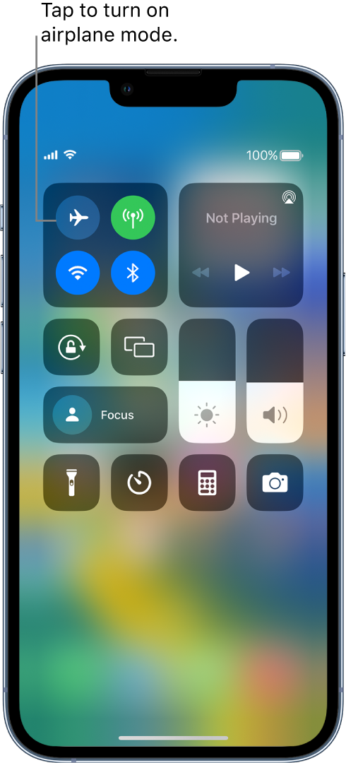 The Control Center screen showing that tapping the top-left button turns on airplane mode.