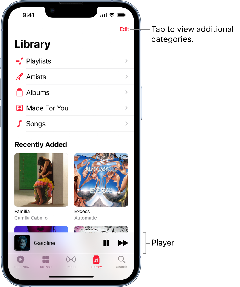 The Library screen showing a list of categories including Playlists, Artists, Albums, Made For You, and Songs. The Recently Added heading appears below the list. The player showing the title of the current song and the Play and Next buttons appear near the bottom.
