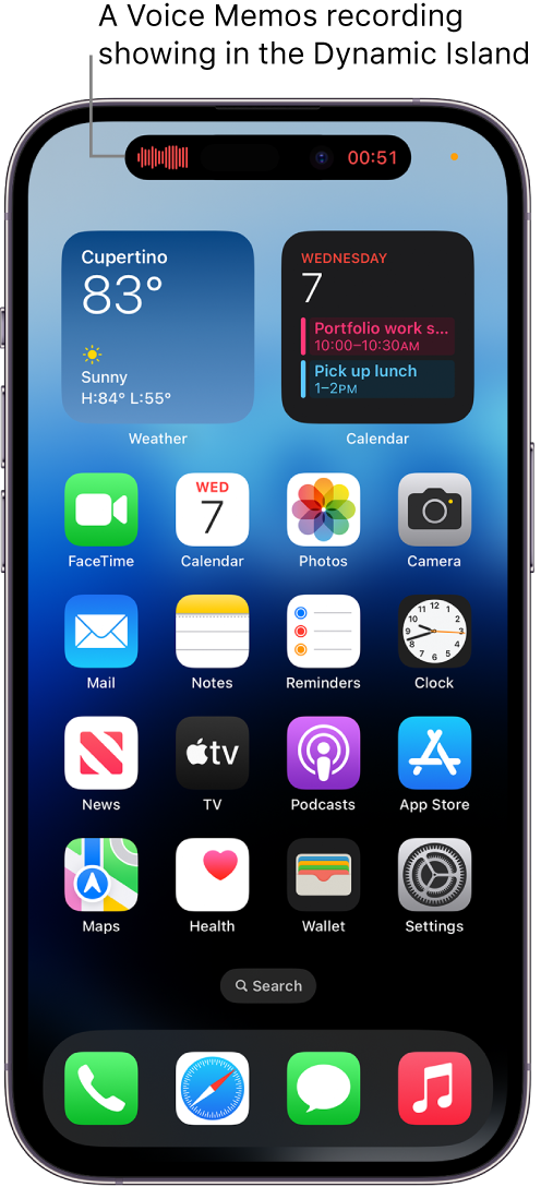 The iPhone 14 Pro Home Screen, showing a Voice Memos recording in the Dynamic Island.