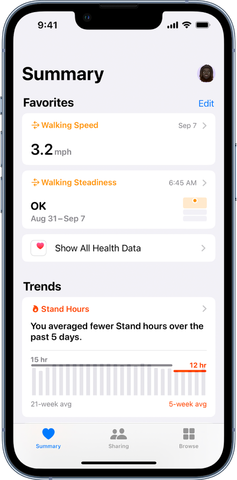 The Summary screen showing Walking Speed and Walking Steadiness below Favorites and Stand hours below Trends.