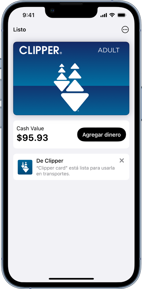 Una tarjeta de transporte público en la app Wallet. El saldo de la tarjeta se muestra en el centro, junto al botón Agregar dinero.