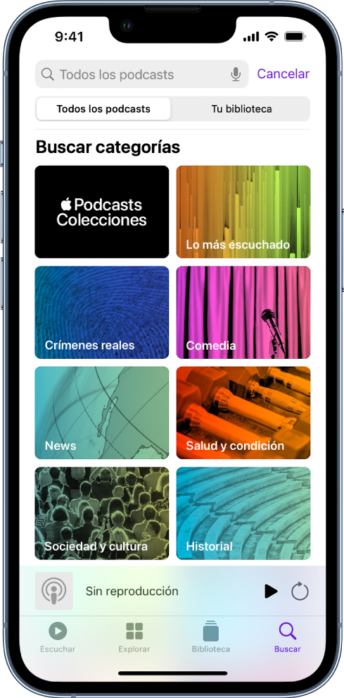 La pantalla Buscar muestra las categorías Colecciones de podcasts, Lo más escuchado, Crímenes reales, Comedia, Noticias, Salud y fitness, Sociedad y Cultura, e Historia.