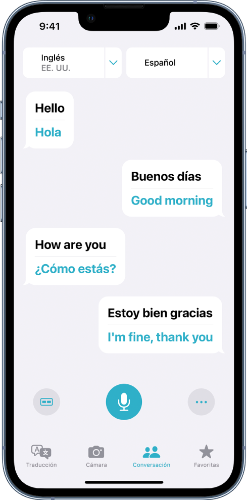 La pestaña Conversación mostrando globos de mensajes y sus traducciones.