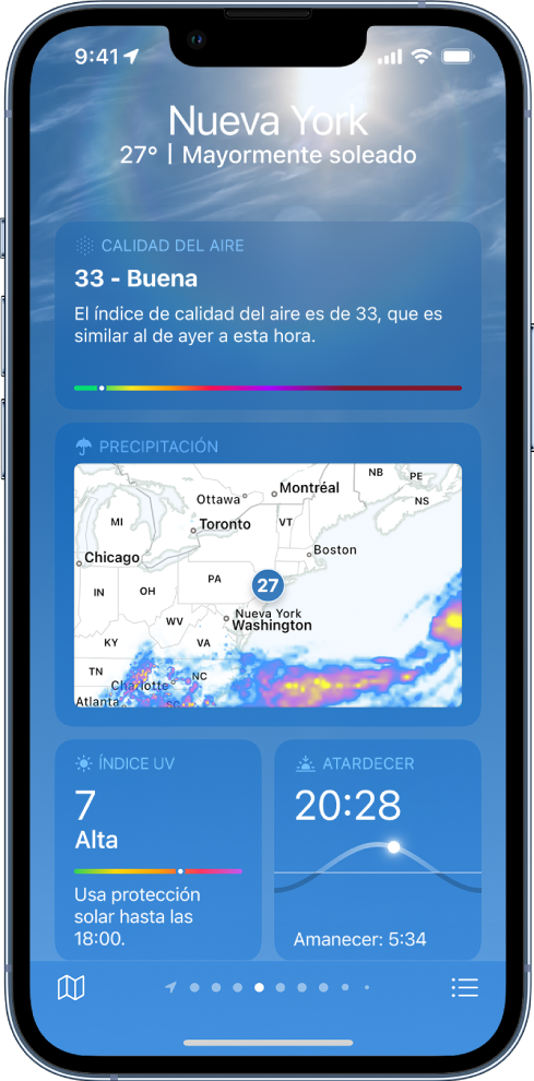 La pantalla de Clima mostrando la ubicación en la parte superior, y la temperatura actual, y las condiciones de clima. Más abajo están los siguientes detalles del clima: calidad del aire, precipitación, índice UV y puesta de sol.