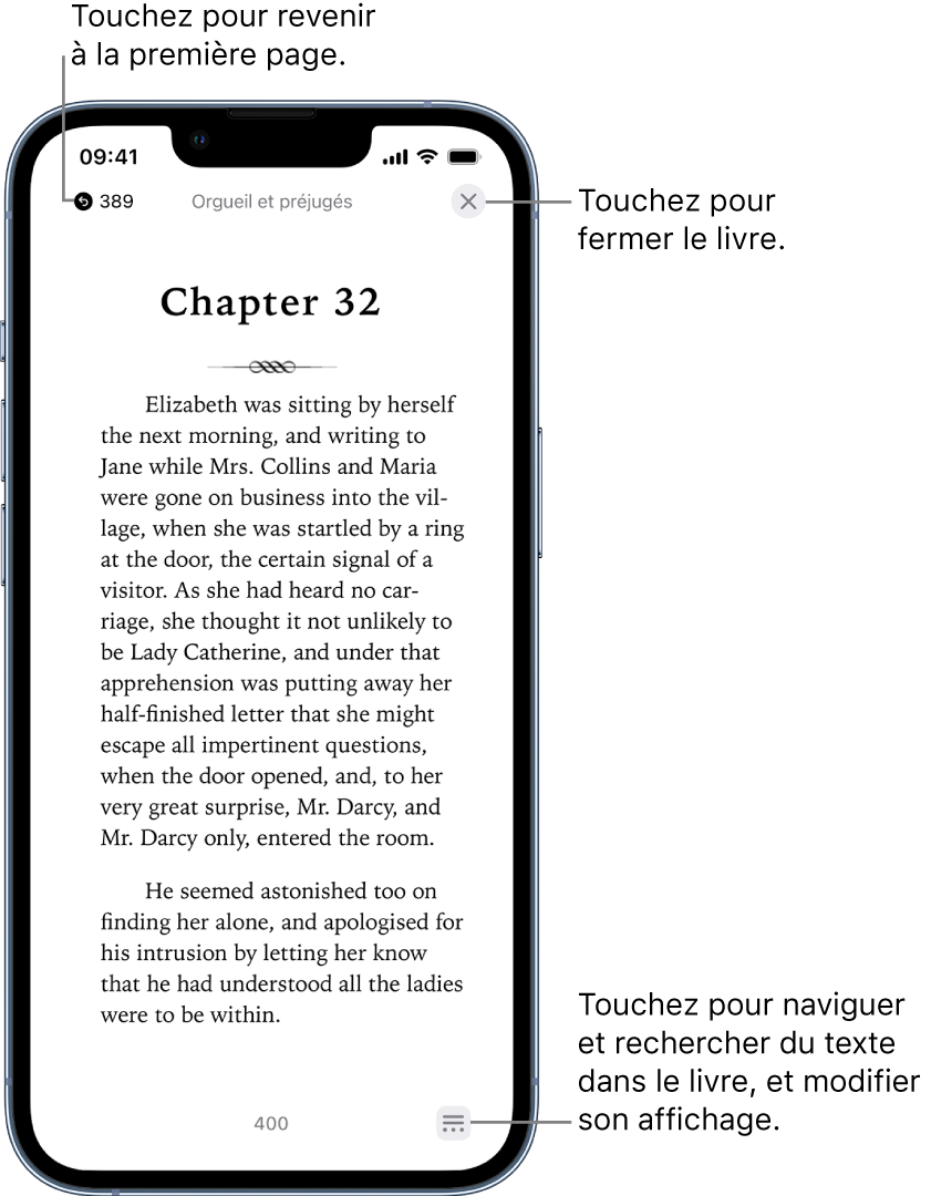 Une page d’un livre dans l’app Livres. En haut de l’écran se trouvent les boutons permettant de revenir à la page où la lecture a commencé et de fermer le livre. En bas à droite de l’écran se trouve le bouton Menu.