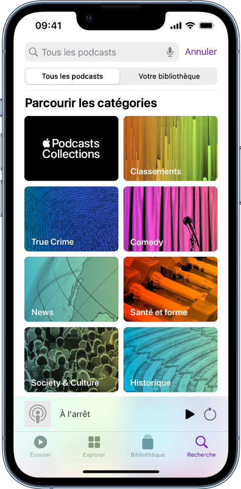 L’écran de recherche avec les catégories « Collections Podcasts », Classements, Criminologie, Humour, Actualité, « Forme et santé », « Culture et société » et Histoire.