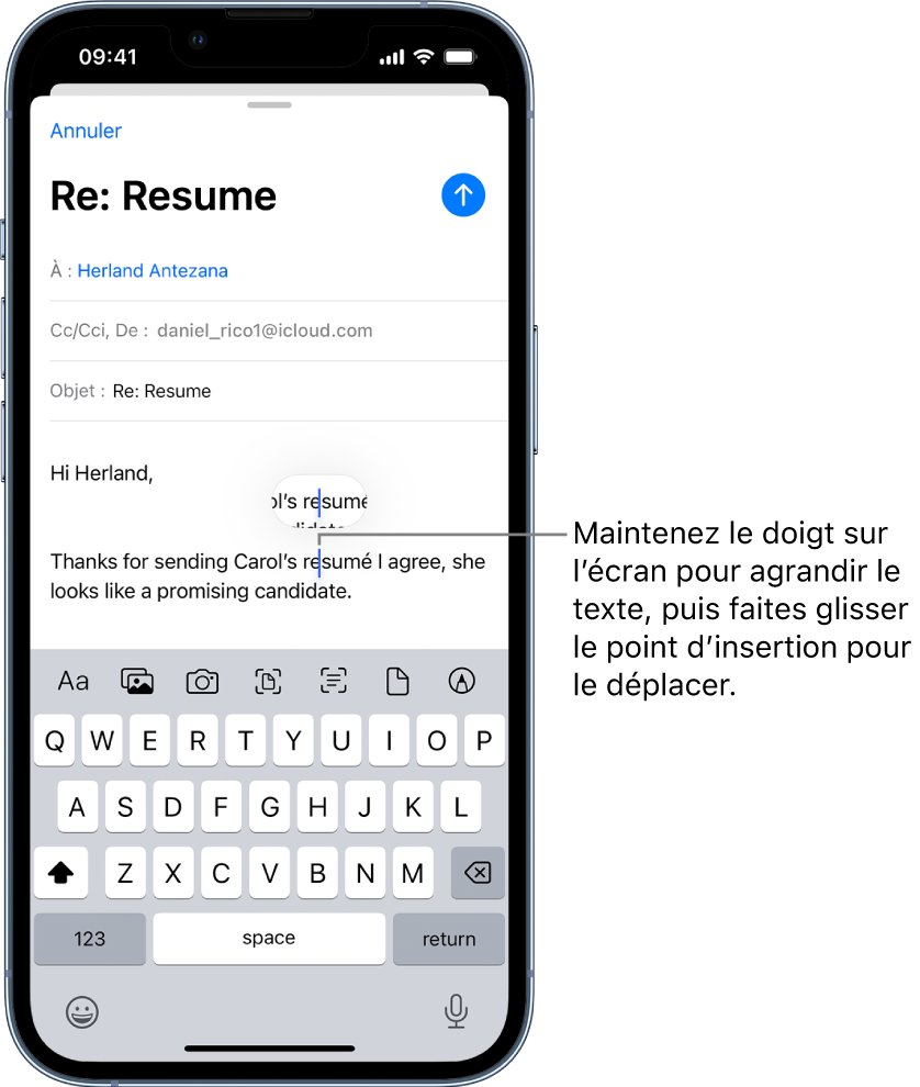 Sélectionner, couper, copier et coller du texte sur l’iPhone