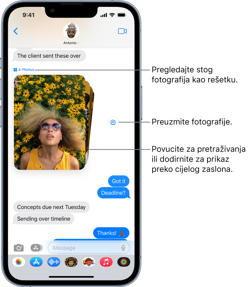 Razgovor u aplikaciji Poruke koji uključuje kolekciju fotografija osoba i cvijeća pored tipke Spremi.