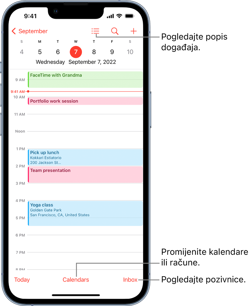 Kalendar u dnevnom prikazu pokazuje dnevne događaje. Tipka Kalendari pri dnu zaslona omogućuje promjenu kalendarskog računa. Tipka Ulazna pošta u donjem desnom kutu omogućuje prikaz pozivnica.