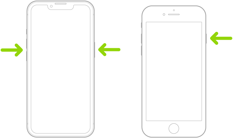 Ilustracije dva različita iPhone modela sa zaslonima okrenutima prema gore. Aplikacija lijevo prikazuje tipke za pojačavanje i stišavanje glasnoće na lijevoj strani uređaja i bočnu tipku na desnoj. Sasvim desna ilustracija prikazuje bočnu tipku na desnoj strani uređaja.