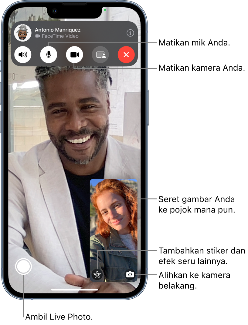 Layar FaceTime menampilkan panggilan yang sedang berlangsung. Gambar Anda muncul di persegi kecil di kanan bawah, dan gambar orang lain akan mengisi sisa layar. Di sepanjang bagian bawah layar terdapat tombol Live Photo, Efek, dan Balikkan ke Kamera Belakang. Kontrol FaceTime berada di bagian atas layar, termasuk tombol Buka Pesan, Audio, Bisu Mati, Kamera Nyala, dan Bagikan Konten. Di bagian atas kontrol terdapat nama atau ID Apple orang yang berbicara dengan Anda, dan tombol Tinggalkan Panggilan.