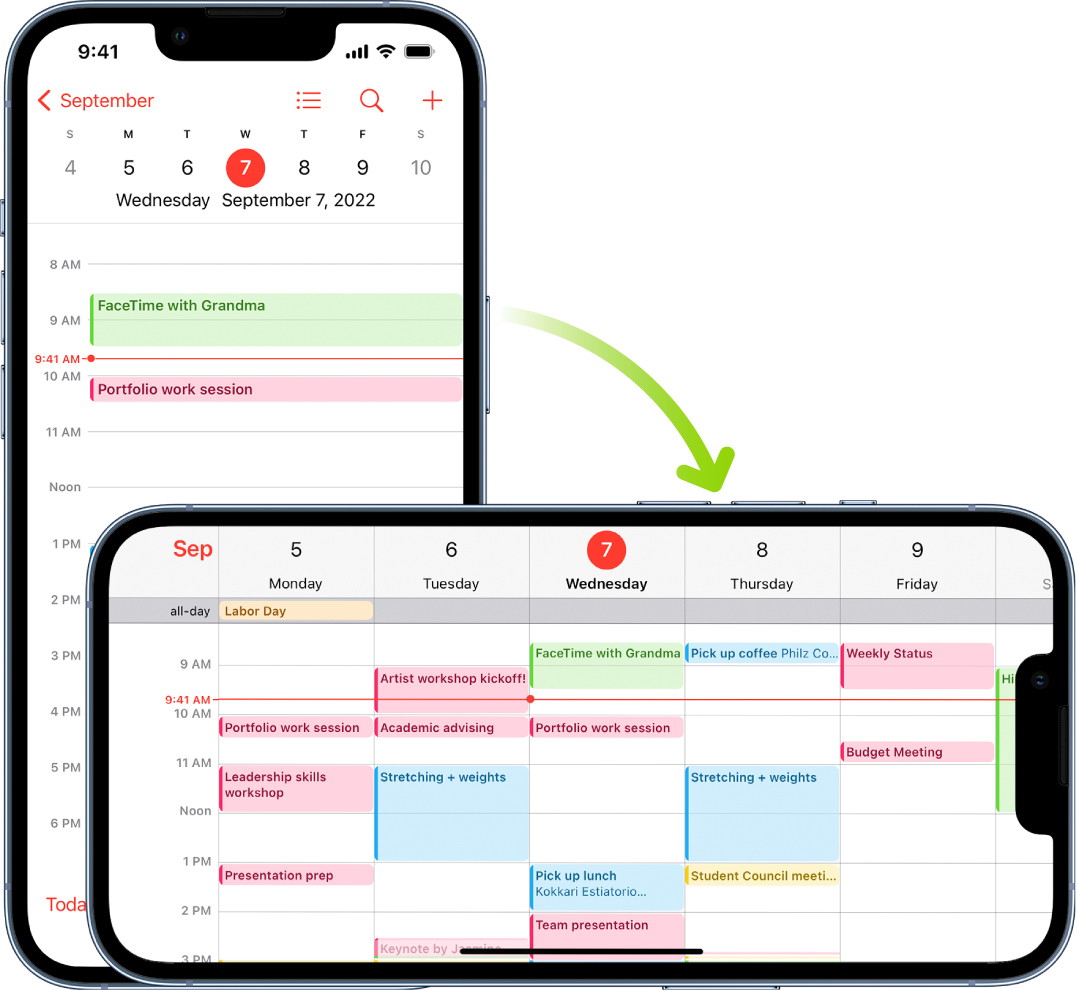 Di latar belakang, iPhone menampilkan layar Kalender, yang menampilkan acara untuk satu hari di orientasi potret; di latar depan, iPhone diputar ke orientasi lanskap, yang menampilkan acara Kalender untuk satu minggu yang berisi hari yang sama.