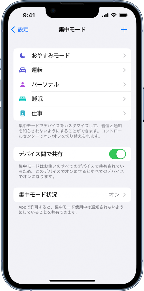 用意されている5つの集中モードのオプション（「おやすみモード」、「運転」、「パーソナル」、「睡眠」、「仕事」）が表示されている画面。「デバイス間で共有」ボタンをクリックすると、同じApple IDを使ってサインインしているすべてのAppleデバイスで同じ集中モード設定を使用できます。