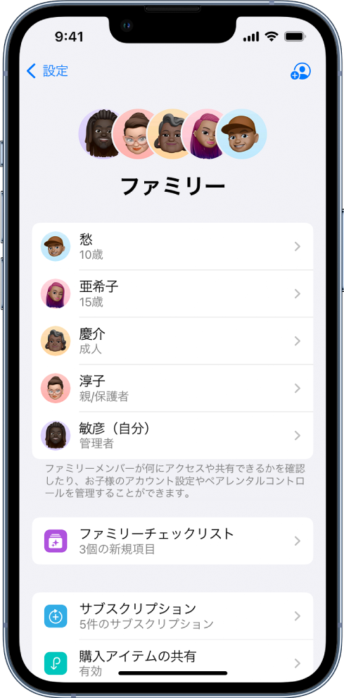 「設定」の「ファミリー共有」画面。5人のファミリーメンバーがリストされており、それぞれの名前の下には「ファミリーチェックリスト」、「サブスクリプション」、「購入コンテンツを共有」、「位置情報の共有」のオプションがあります。