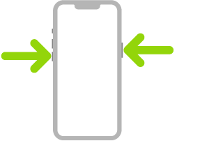 Attēls ar iPhone tālruni, kurā bultiņas norāda uz sānu pogu augšējā labajā malā un skaļuma pogu kreisajā augšējā malā.