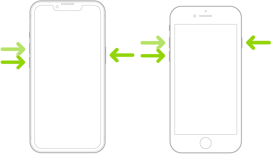 Attēls ar diviem iPhone modeļiem. Viens ar pogu Home, bet otrs bez tās. Abu tālruņu ekrāni ir vērsti augšup. Katra modeļa skaļuma pogas ir iPhone tālruņa kreisajā pusē, bet sānu poga — labajā pusē.