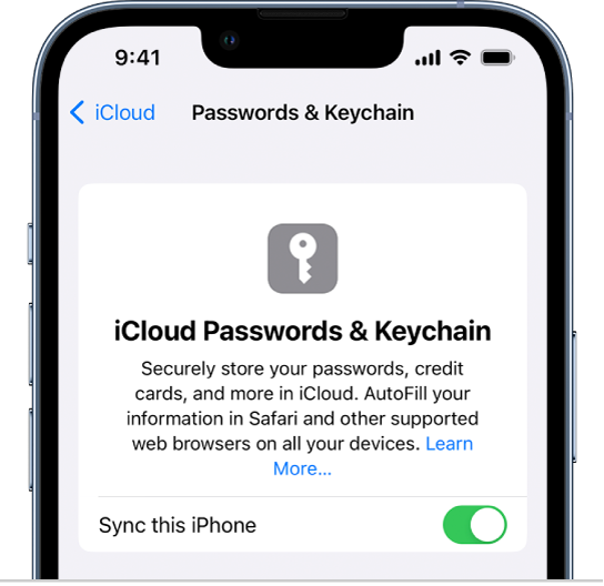 Skrin Kata Laluan iCloud dan Rantai Kunci, dengan seting untuk menyelaraskan iPhone ini.
