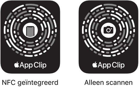 Links is een NFC-appclipcode te zien met een iPhone-symbool in het midden. Rechts is een appclipcode te zien die je alleen kunt scannen, met een camerasymbool in het midden.