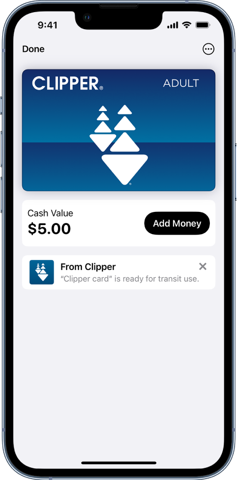 Een ov-kaart in de Wallet-app. Het kaartsaldo wordt in het midden weergegeven, naast de knop 'Voeg geld toe'.