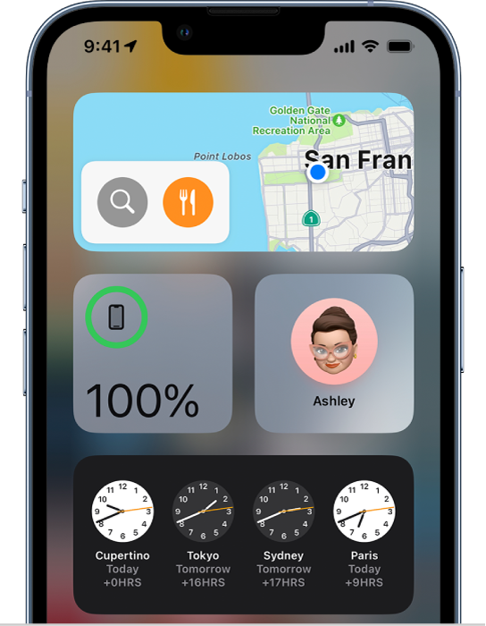 Kart-widgeten og andre widgeter på en iPhone-skjerm.