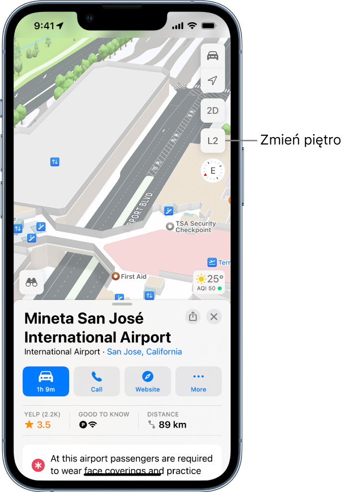 Mapa wnętrza terminalu lotniska. Na mapie widoczne są sklepy i bramy prowadzące do samolotów.