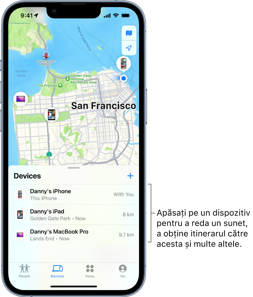Ecranul Găsire deschis în lista Dispozitive. Există trei dispozitive în lista Dispozitive: iPhone - Daniel, iPad - Daniel și MacBook Pro - Daniel. Localizările lor sunt afișate pe o hartă a orașului San Francisco.