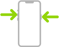 O ilustrație cu iPhone, cu săgeți indicând spre butonul lateral în dreapta sus și butonul de mărire a volumului în stânga sus.