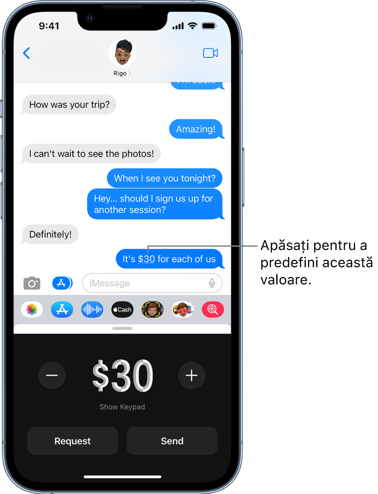 O conversație iMessage cu Apple Pay deschis în partea de jos.