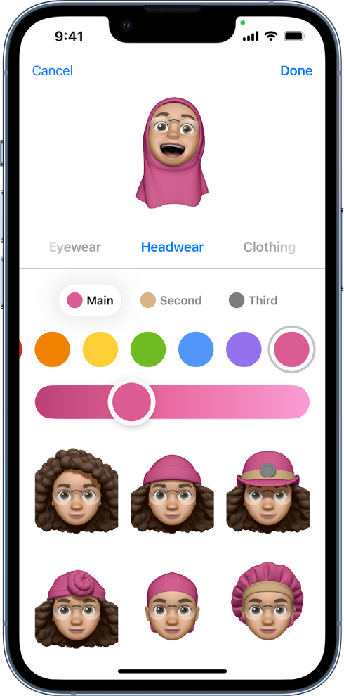 Obrazovka s memoji. V hornej časti je vytváraná postavička, upravované črty sú pod ňou a nižšie sú možnosti pre vybranú črtu. Vpravo hore je tlačidlo Hotovo a vľavo hore tlačidlo Zrušiť.