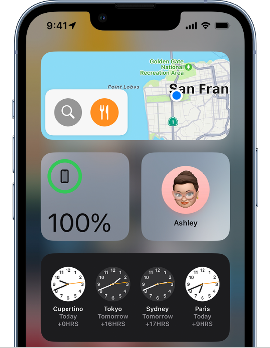Widget Mapy a ďalšie widgety na obrazovke iPhonu.