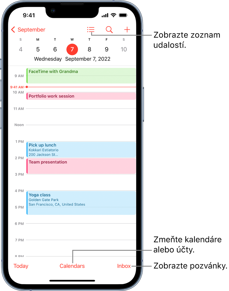 Kalendár v zobrazení dňa s dennými udalosťami. Po klepnutí na tlačidlo Kalendáre v dolnej časti obrazovky môžete zmeniť účty kalendára. Klepnutím na tlačidlo Prijaté vpravo dole zobrazíte pozvánky.