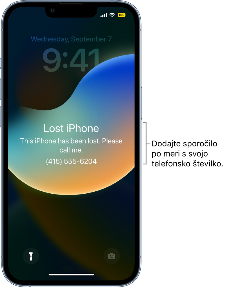 Zaklenjen zaslon naprave iPhone s sporočilom: Lost iPhone. This iPhone has been lost. Please call me. (415) 555-6204.” Dodate lahko sporočilo po meri s svojo telefonsko številko.
