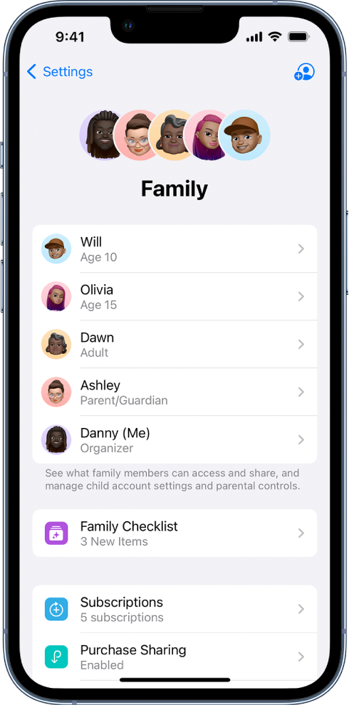 Zaslon Family Sharing v Settings. Navedenih je pet družinskih članov. Pod njihovimi imeni so Family Checklist, in možnosti Subscriptions, Purchase Sharing in Location Sharing