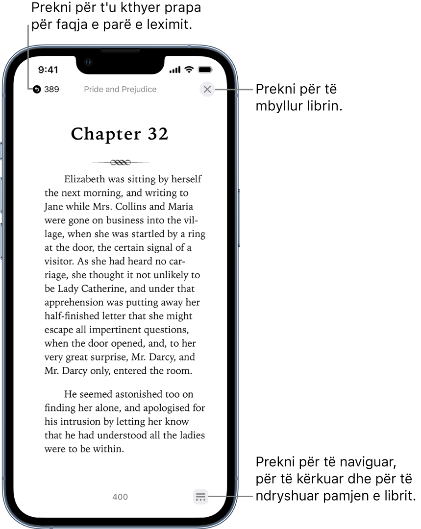Një faqe e një libri në aplikacionin Books. Në krye të ekranit janë butonat për kthimin në faqen në të cilën keni filluar të lexoni dhe për mbylljen e librit. Në fund të djathtë të ekranit është butoni Menu.