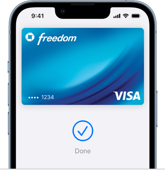 Një kartë krediti në ekranin Wallet. Poshtë kartës ndodhet një shenjë kontrolli dhe fjala “Done”.