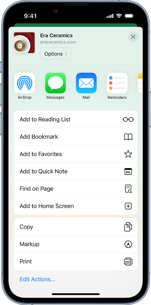 Menyja Share. Në krye janë aplikacionet që mund të përdoren për të ndarë lidhjet. Më poshtë është një listë e opsioneve të tjera, duke përfshirë Add Bookmark, Add to Favorites, Find on Page, Add to Home Screen dhe Add to Reading List.