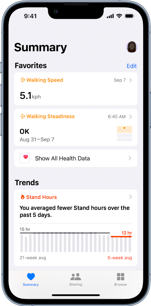 Екран Summary приказује Walking Speed и Walking Steadiness испод одељкаFavorites и Stand hours испод одељка Trends.