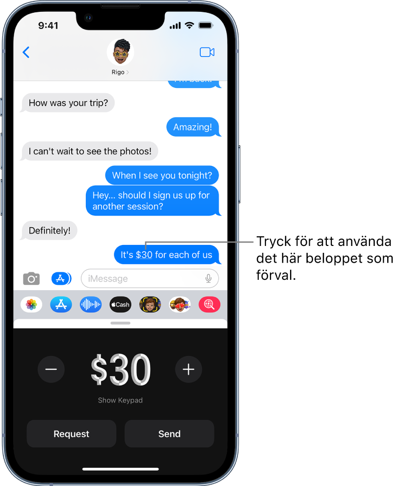 En iMessage-konversation med Apple Pay öppen längst ned.