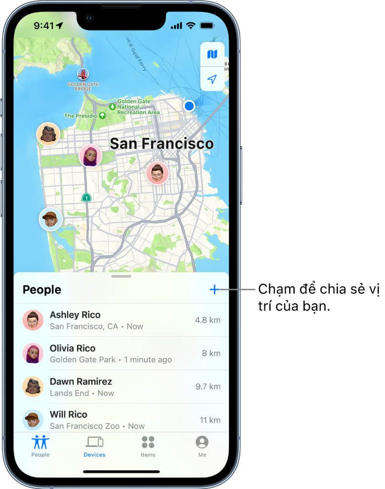 Chia sẻ vị trí của bạn trong Tìm trên iPhone