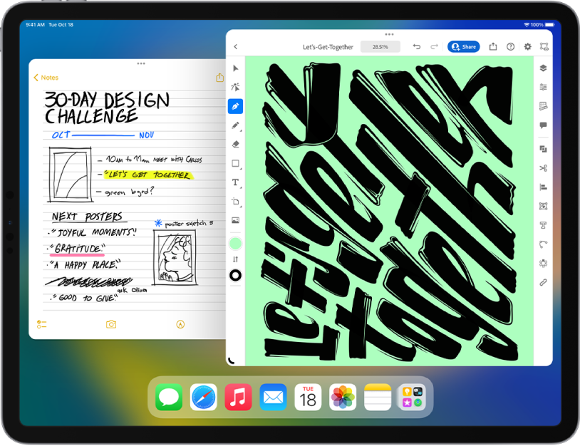 Displej iPadu se zapnutým Stage Managerem. Uprostřed obrazovky se nacházejí aktuální okna a v seznamu na levé straně další nedávno použité aplikace.
