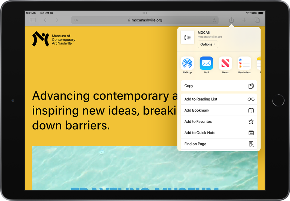A website in Safari with the Share menu open. Across the top of the menu are apps that can be used to share links. Below is a list of other options, including Copy, Add to Reading List, Add Bookmark, Add to Favorites, Add to Quick Note, and Find on Page.