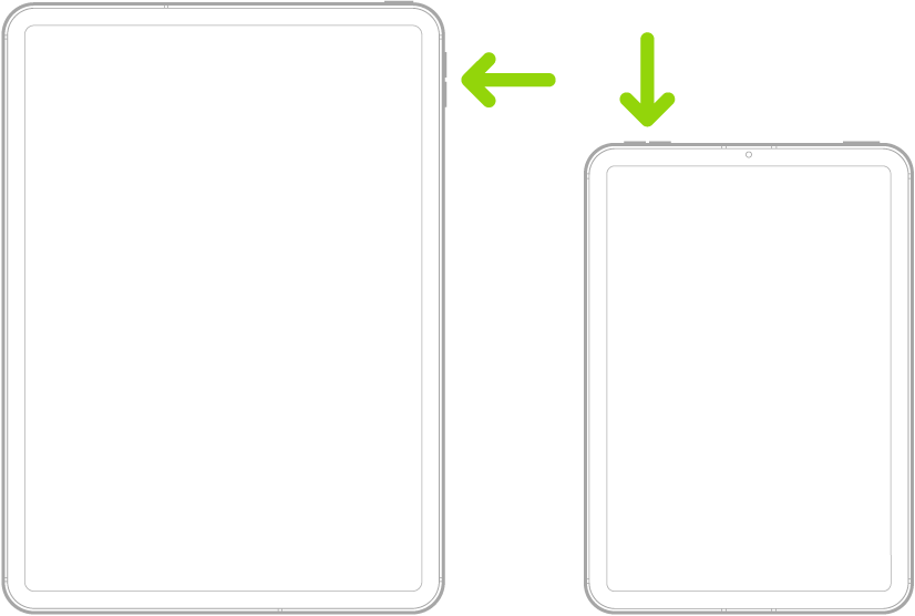 正面から見た2つの異なるiPadモデル。左側のモデルには、右側面の上部に音量ボタン、右上にトップボタンがあります。右側のモデルには、左上に音量ボタン、右上にトップボタン/Touch IDボタンがあります。