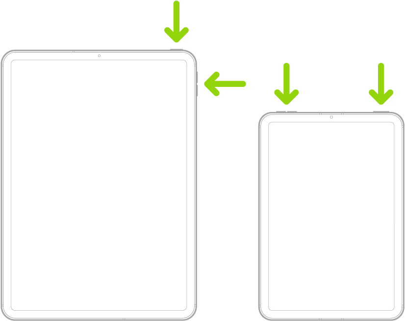 Dviejų skirtingų „iPad“ modelių, kurių ekranai nukreipti į viršų, iliustracijos. Kairiojoje iliustracijoje parodyti garsumo didinimo ir mažinimo mygtukai dešinėje įrenginio pusėje bei viršutinis mygtukas dešinėje. Dešiniojoje iliustracijoje parodyti garsumo didinimo ir mažinimo mygtukai įrenginio viršuje kairėje. Viršutinis mygtukas parodytas dešinėje.