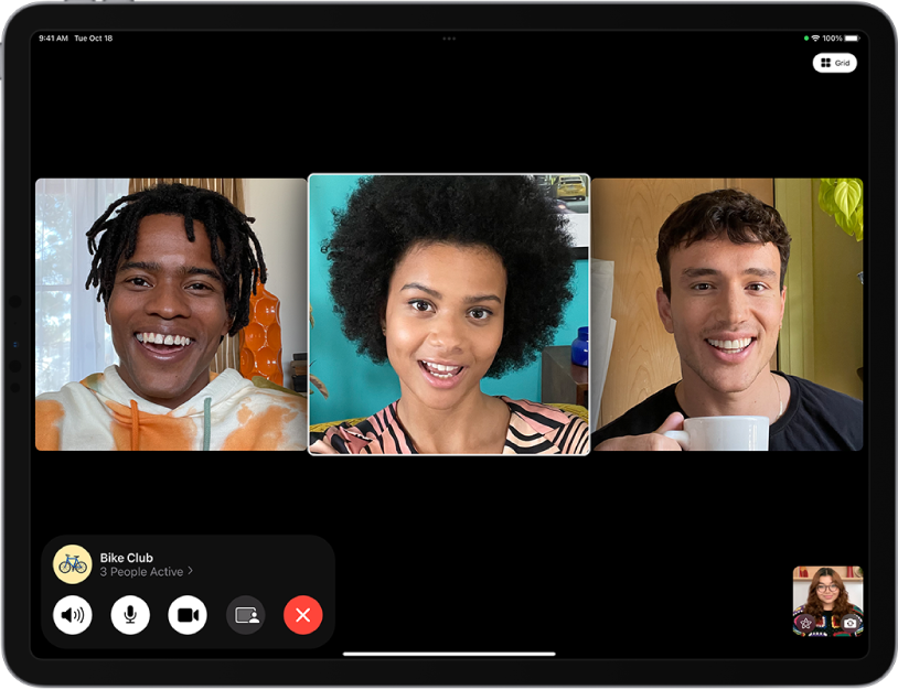 Grupas FaceTime zvans, kurā ir četri dalībnieki, ieskaitot zvana uzsācēju. Katrs dalībnieks ir redzams citā elementā. FaceTime vadības elementi atrodas ekrāna apakšdaļā, tostarp, pogas Audio, Mic, Camera, Share Content un End. Vadības ierīču augšdaļā ir attēlots grupas personas, ar kuru sarunājaties, nosaukums/vārds vai Apple ID, un poga Info.