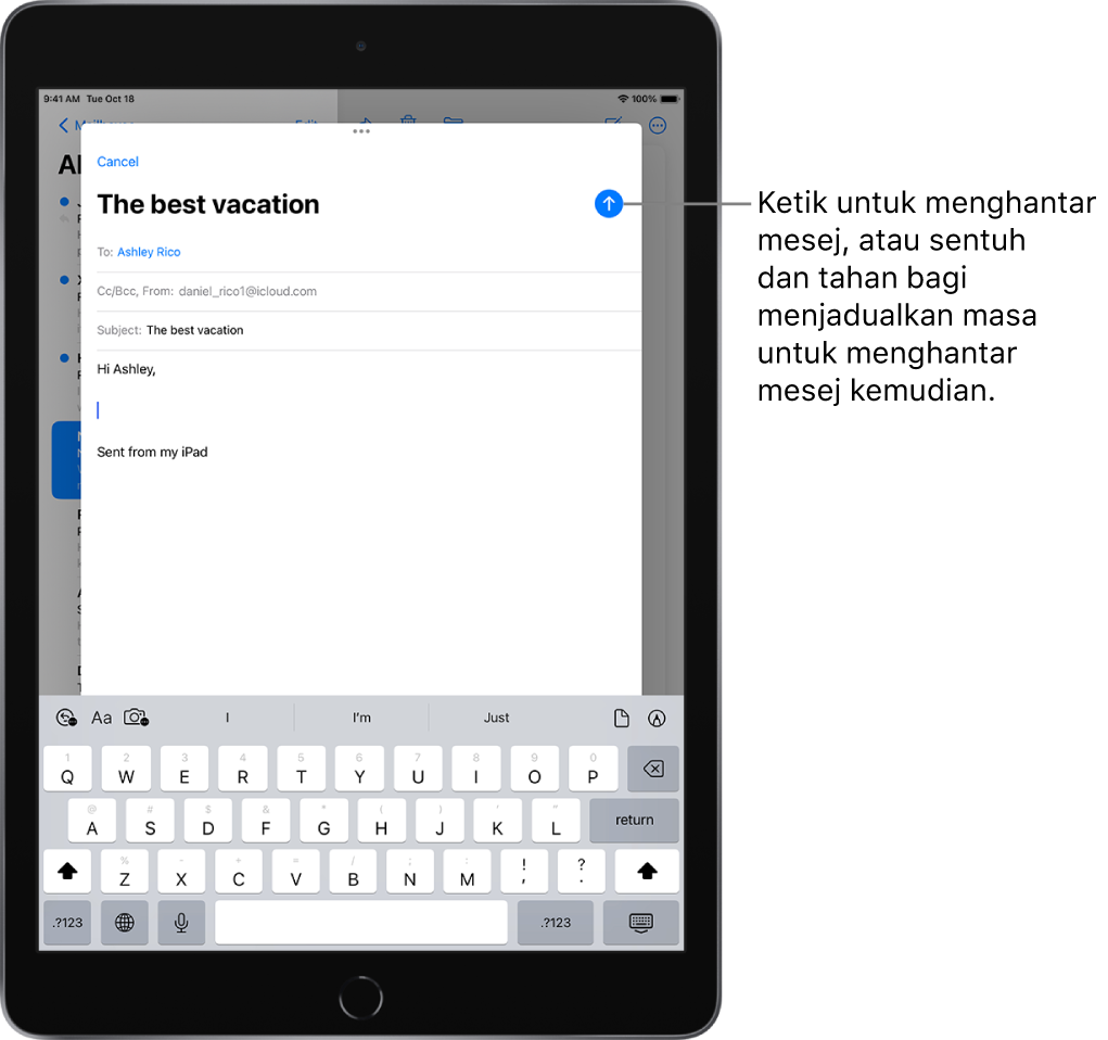 Draf e-mel dibuka dalam app Mail. Butang untuk menghantar mesej di penjuru kanan atas. Ketik untuk menghantar mesej, atau sentuh dan tahan bagi menjadualkan masa untuk menghantarnya kemudian.