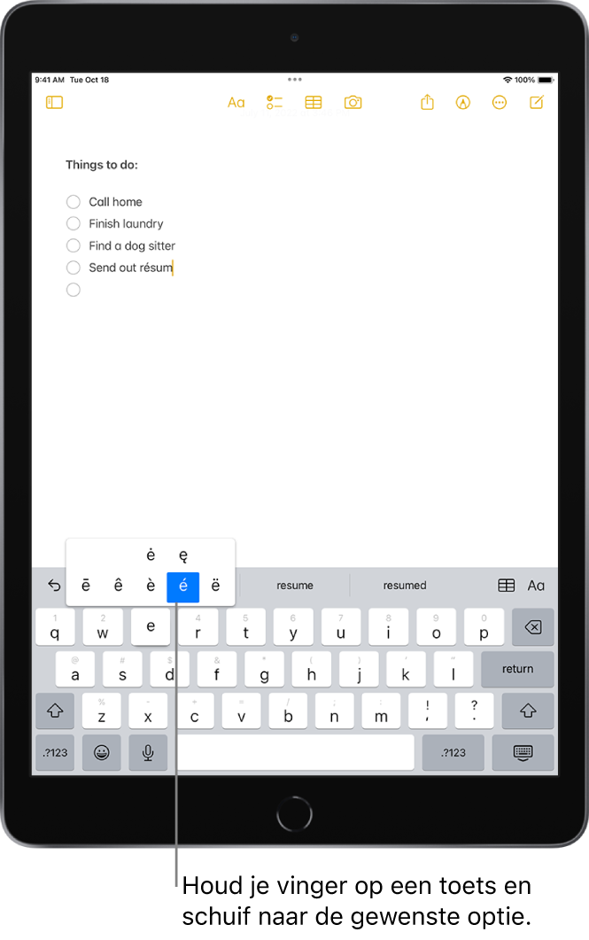 Een toetsenbord onder in het iPad-scherm met alternatieve accenttekens die worden weergegeven wanneer je je vinger op de toets "E" houdt.