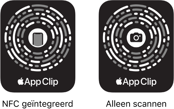 Links is een NFC-appclipcode te zien met een iPhone-symbool in het midden. Rechts is een appclipcode te zien die je alleen kunt scannen, met een camerasymbool in het midden.