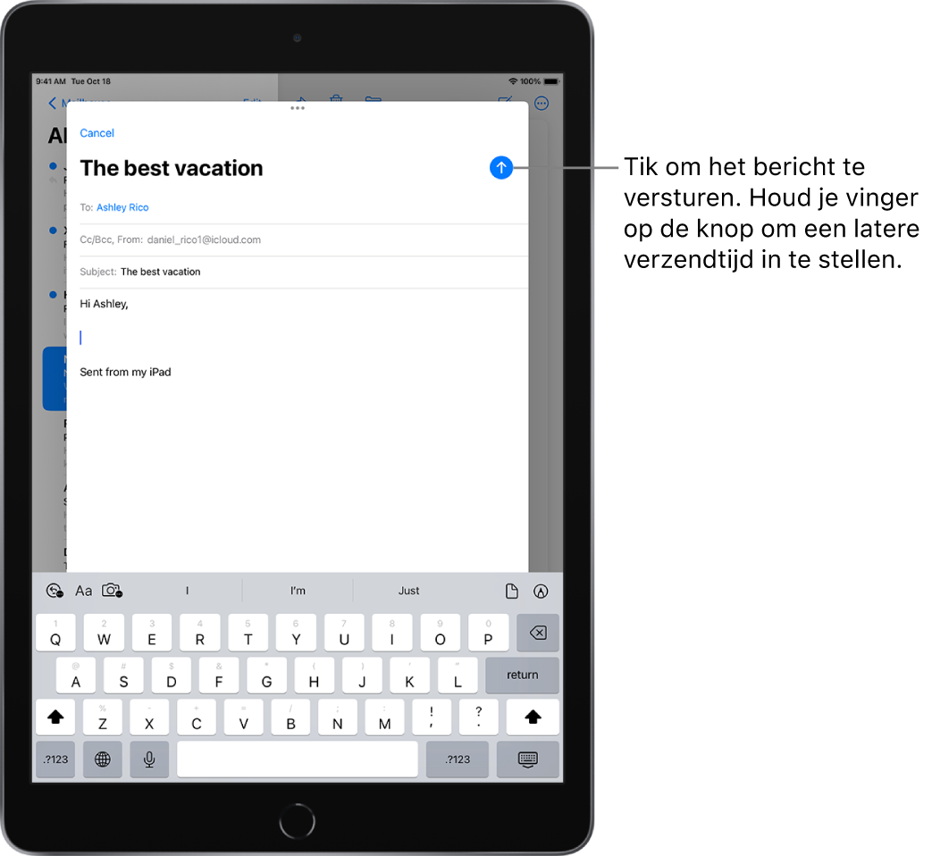 Een concept-e‑mail is geopend in de Mail-app. In de rechterbovenhoek staat de knop om het bericht te versturen. Tik erop om het bericht te versturen of houd je vinger erop om een latere verzendtijd in te stellen.