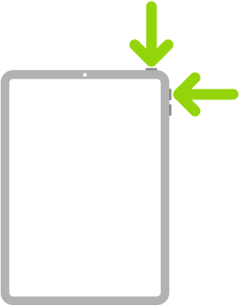 Een afbeelding van een iPad met pijlen die rechtsboven naar de bovenste knop en de volume-omhoogknop wijzen.