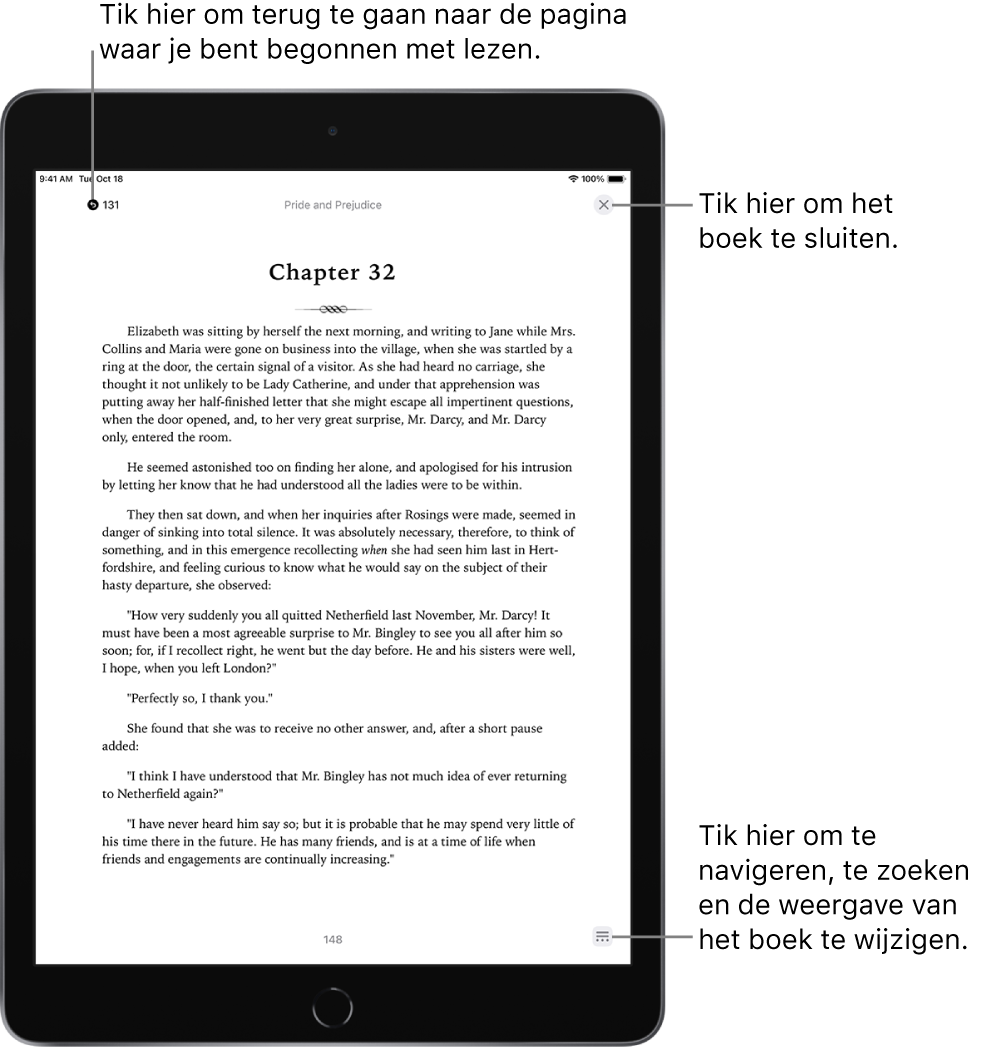 Een pagina van een boek in de Boeken-app. Boven in het scherm staan de knoppen waarmee je teruggaat naar de pagina waar je bent begonnen met lezen en waarmee je het boek sluit. Onder in het scherm is de menuknop te zien.